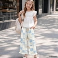 thumbnail image 6 of COEQINE Girls Wide Leg Pants with Ruffle Hem, High Waist Full Length Casual Pants Baggy Straight Trousers Trendy Kids Clothes for 7-8 Years, Blue Bow Polka Dots Patchwork, 6 of 8