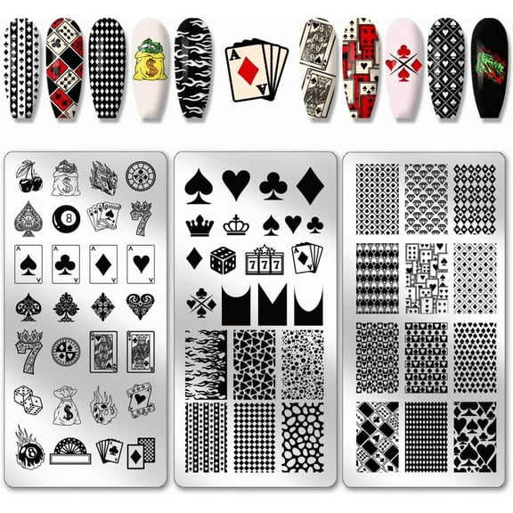 PH 3pcs Poker Elements Nail Stamping Plates Diamonds Clubs Nail Art Templates Textured Nail Art Stencil Stainless Steel Nail Image Plates for Women Nail Design Print Manicure Salon Colorful