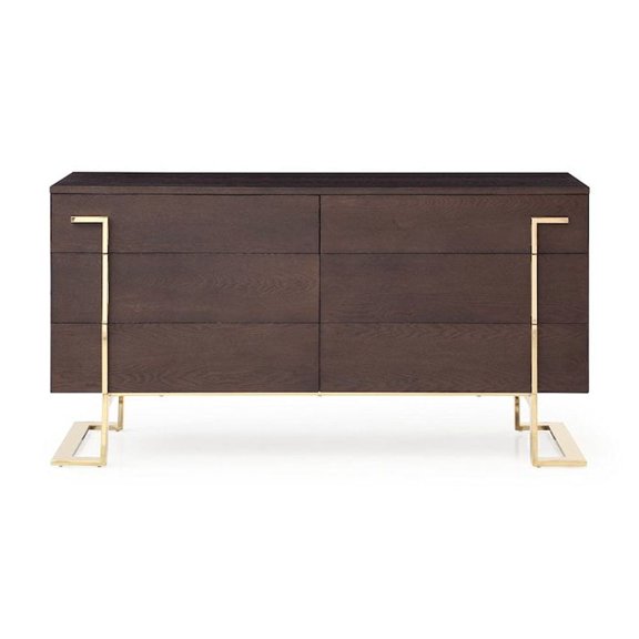Modrest Moontide 6-Drawer Modern Wood Veneer Dresser in Brown/Champagne Gold