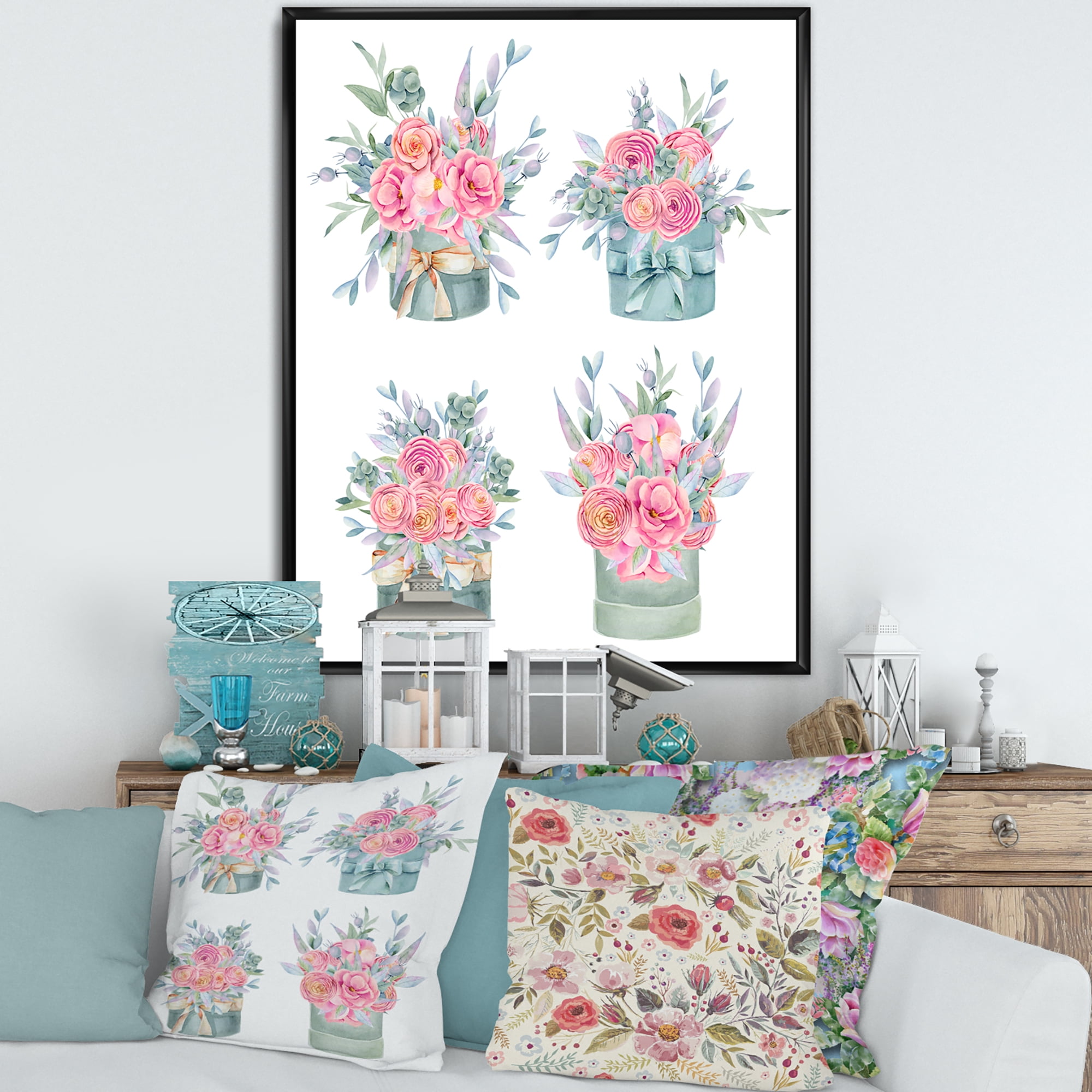 Designart 'Bouquets Collection of Pink Roses' Farmhouse Framed Canvas Wall Art Print