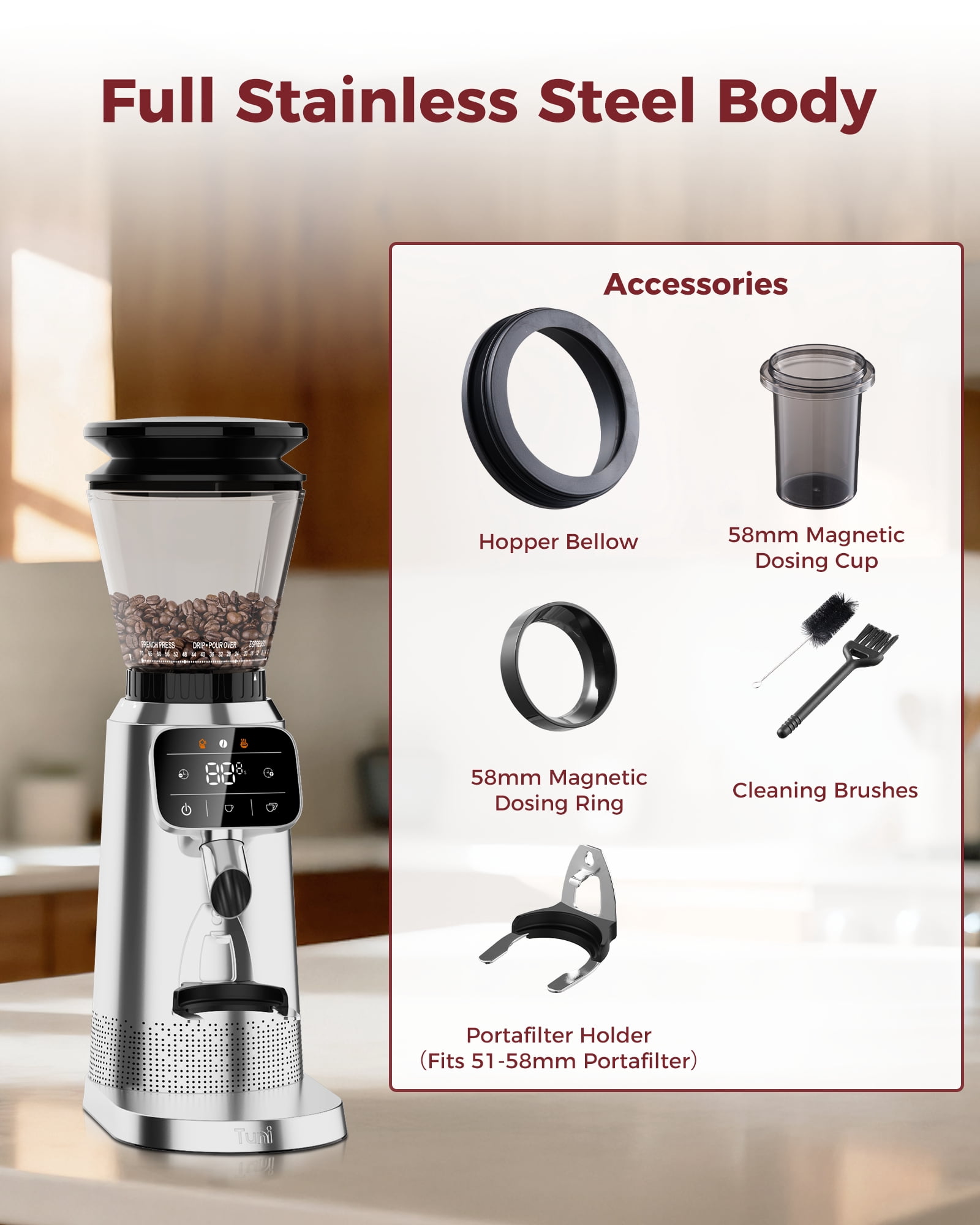 Tuni G2 Conical Burr Coffee Grinder, 70 Grind Settings Anti-static Burr Mill, Precision Electronic Timer and LED Touchscreen for Espresso/Drip/Cold Brew/French Press, Stainless Steel, Silver