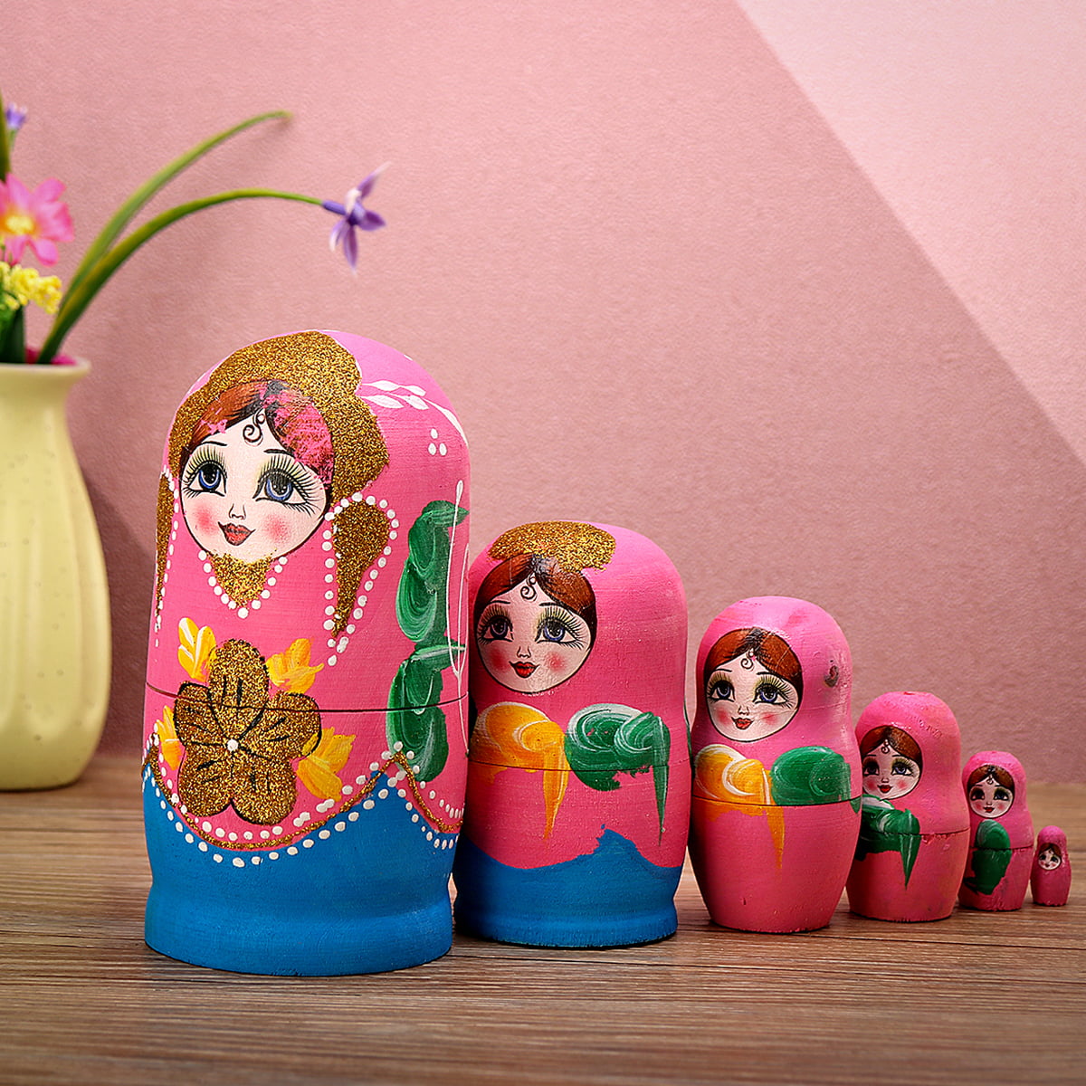 Nesting Dolls Handcrafted wooden Matryoshka Gold Painted Russian Doll 5 pieces-23 cm 5 dolls in 1 Traditional Stacking Wooden toy Home decor