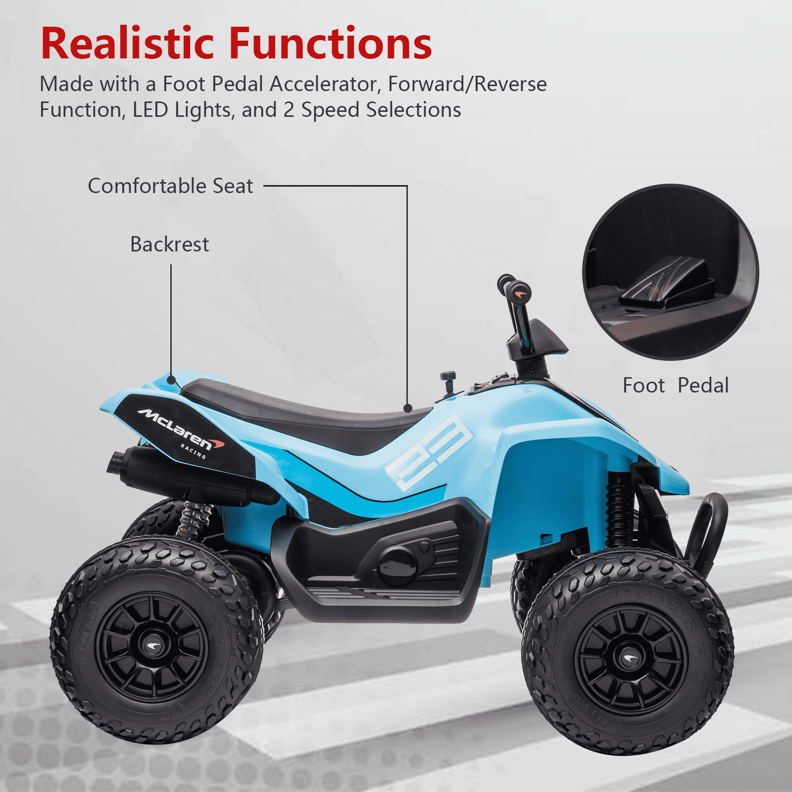 24V Battery Powered, 4-Wheeler Quad Car Toy ATV for 3-8yrs, Electric Off-Road Car with 2 Speeds, LED Lights, Bluetooth, MP3