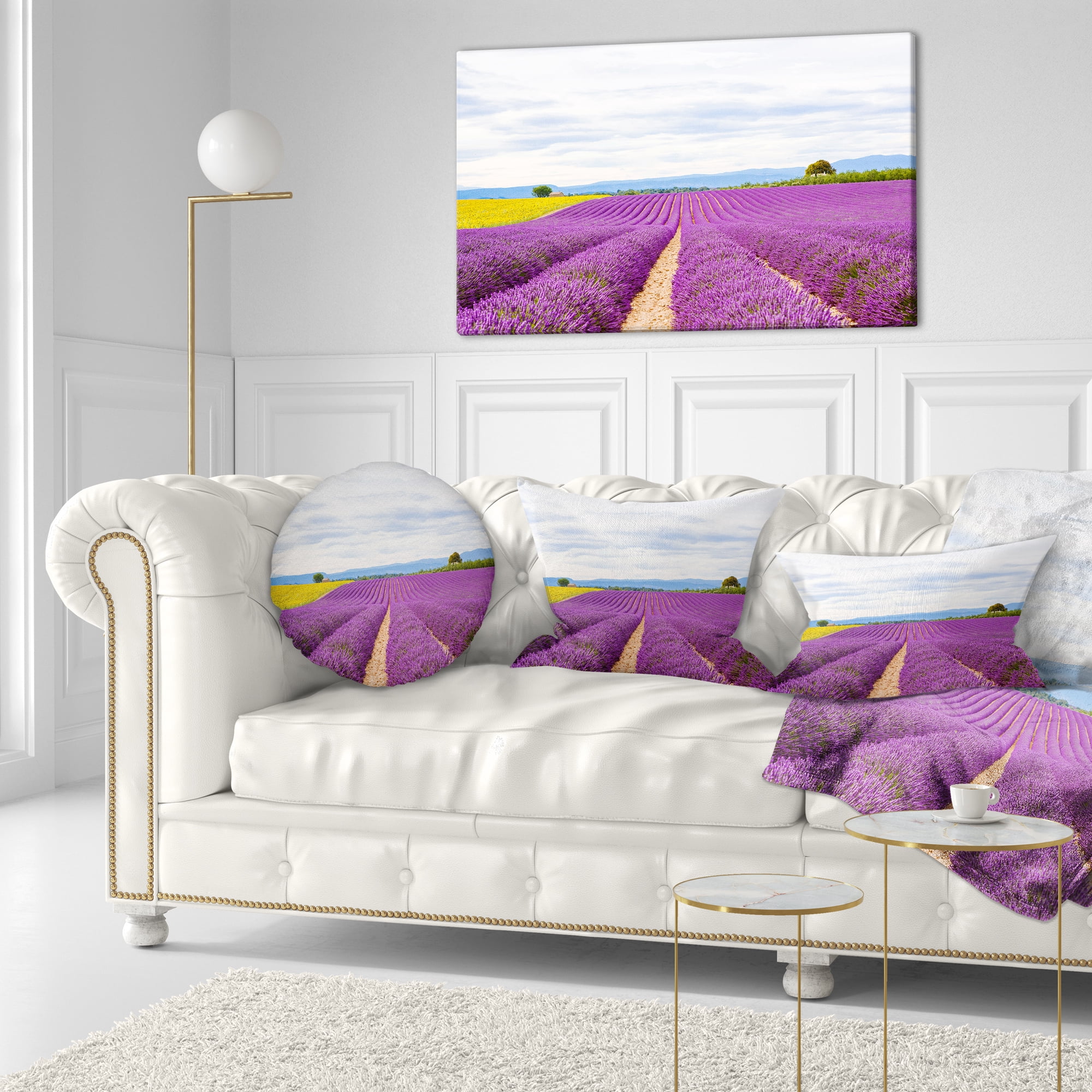 Designart Sunflower and Lavender Fields - Landscape Printed Throw Pillow - 12x20