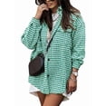 thumbnail image 3 of Women Casual Houndstooth Jacket Flannel Shacket Loose Long Sleeve Button Down Shacket with Pockets Green L, 3 of 6