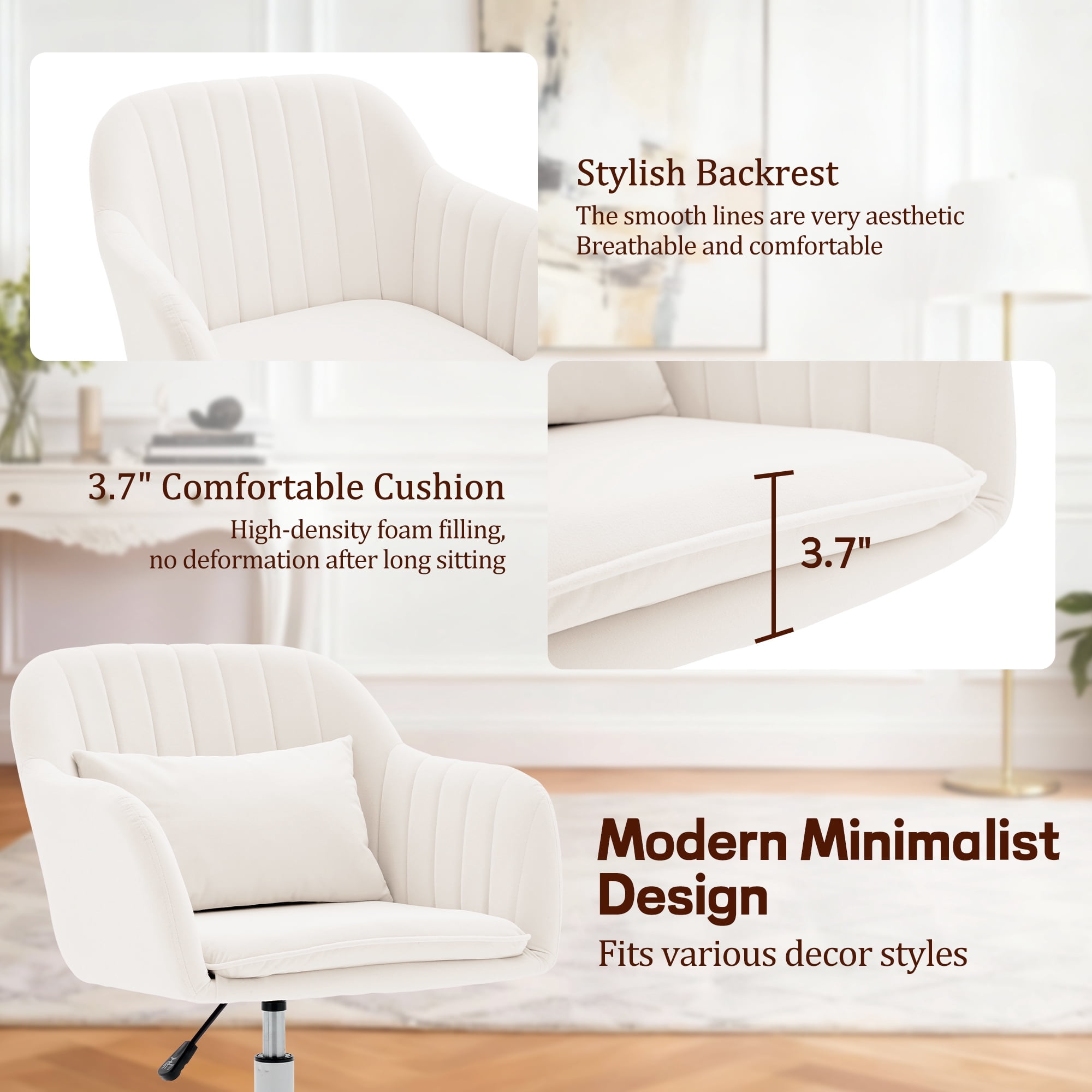 Korser Adjustable High Vanity Chair with Pillow Velvet Swivel Desk Chair with Wheels,Space-Saving Makeup Computer Chair,Home Office Desk Chair,Beige