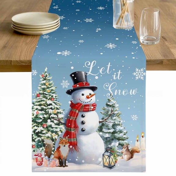 Dark Blue Snowman Christmas Table Runner 36 Inches Long Farmhouse Dress Scarves, Xmas Tree Snowflake Gifts Dining Tablerunner for Coffee Table/Kitchen Island/Party Décor, Small 13" x 36"