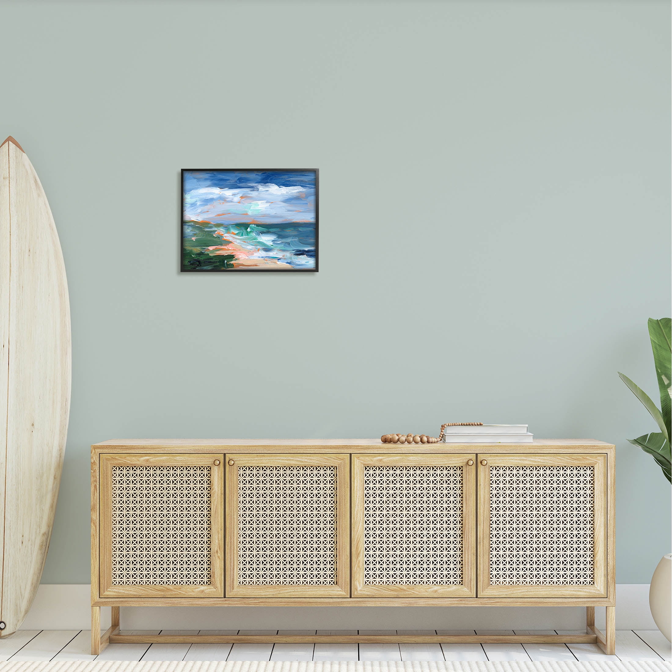 Crashing Beach Waves Abstract Scene Landscape Painting Black Framed Art Print Wall Art