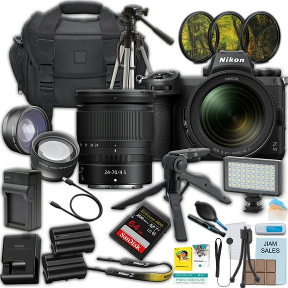 Nikon Z6 II Mirrorless Camera with Nikon NIKKOR Z 24-70mm f/4 S Lens   SanDisk Extreme Pro 64GB Memory Card   Camera Case   Battery Travel Charger   Gripster Tripod   50" Tripod   More