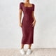 thumbnail image 1 of TaTaai Women Summer French Square Neck Side Split Slim Knit Dress Short Sleeve Solid Color Midi Length Elegant Casual Daily Wear Dresses Gift, 1 of 9