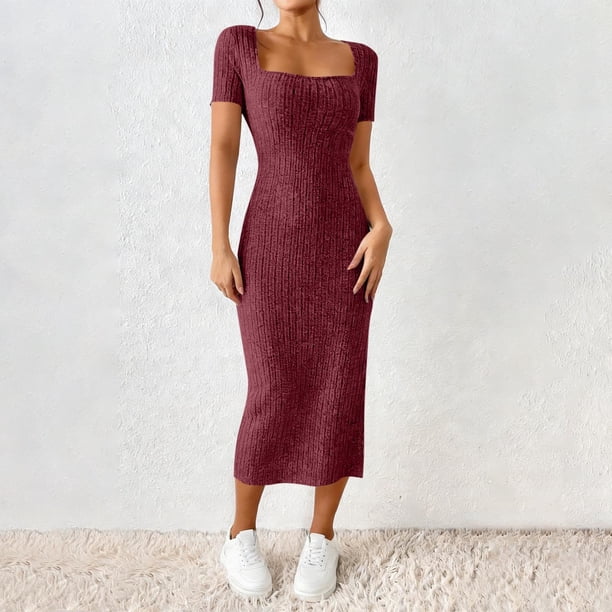 TaTaai Women Summer French Square Neck Side Split Slim Knit Dress Short Sleeve Solid Color Midi Length Elegant Casual Daily Wear Dresses Gift