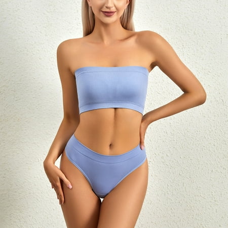 TUWABEII Women s No-steel Ring Gathering No-marking Breathable Tube Top Underwear Briefs Suit Wireless Lift T-Shirt Bra