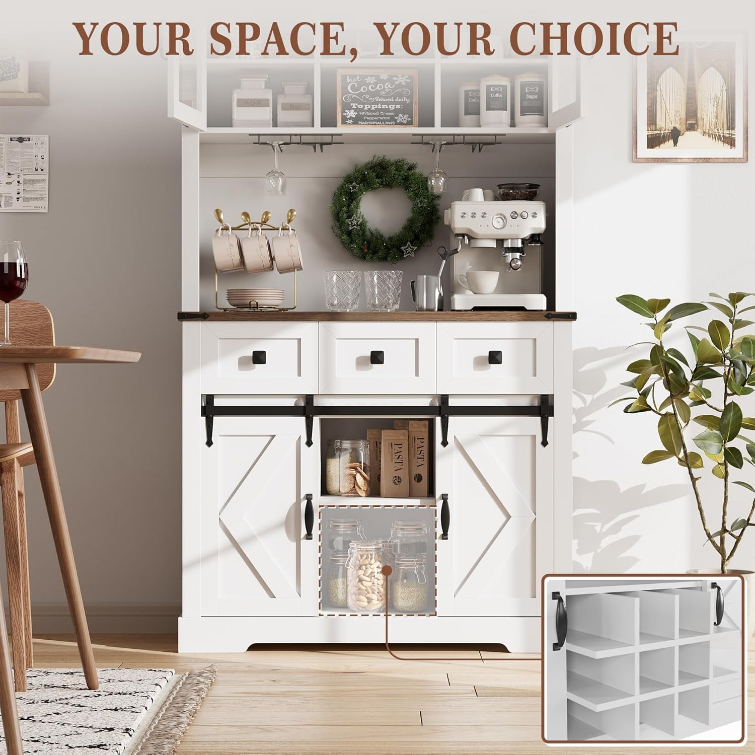 Homhougo 72" Kitchen Pantry Storage Cabinet with Hutch and Sliding Barn Door, Farmhouse Tall Buffet Cabinet with Drawers, Large Coffee Bar with Wine & Glasses Rack, for Home Living Room, White