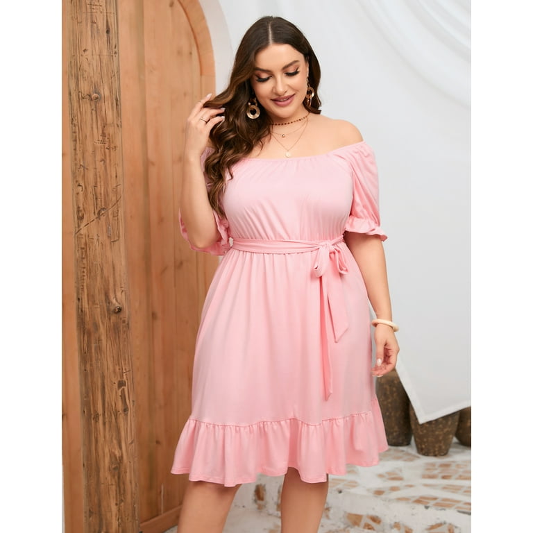 OYang Women's Plus Size Short Sleeve Dresses Wrap Drawstring - Main Image