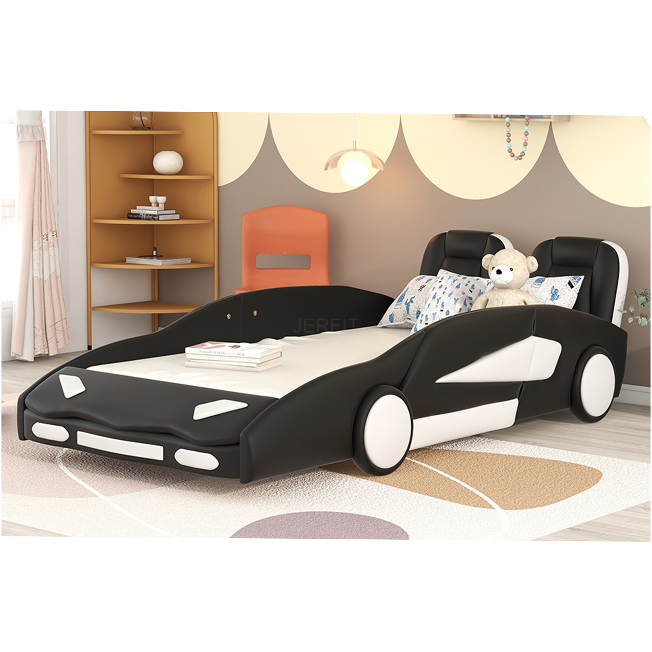 JERFIT Twin Size Race Car Platform Bed with Wheels, Black, Pine Wood Frame, No Box Spring Needed