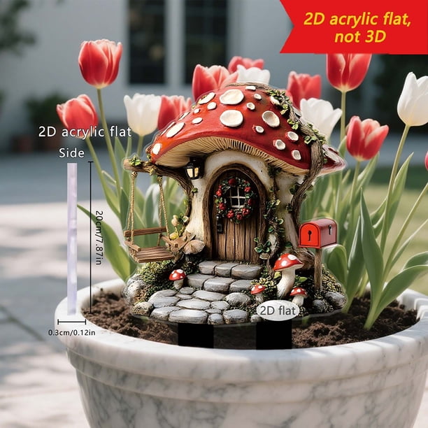 Casa de Hongos de Ensueño 2D con Estaca Plana para Jardín | Decoración para Patios | Arte de Jardín con un Cuento de Hadas