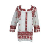 Mogul Womens Indian Tunic Blouse Cotton White Red Chikankari Embroidered Ethnic Boho Chic Top Kurti Dress