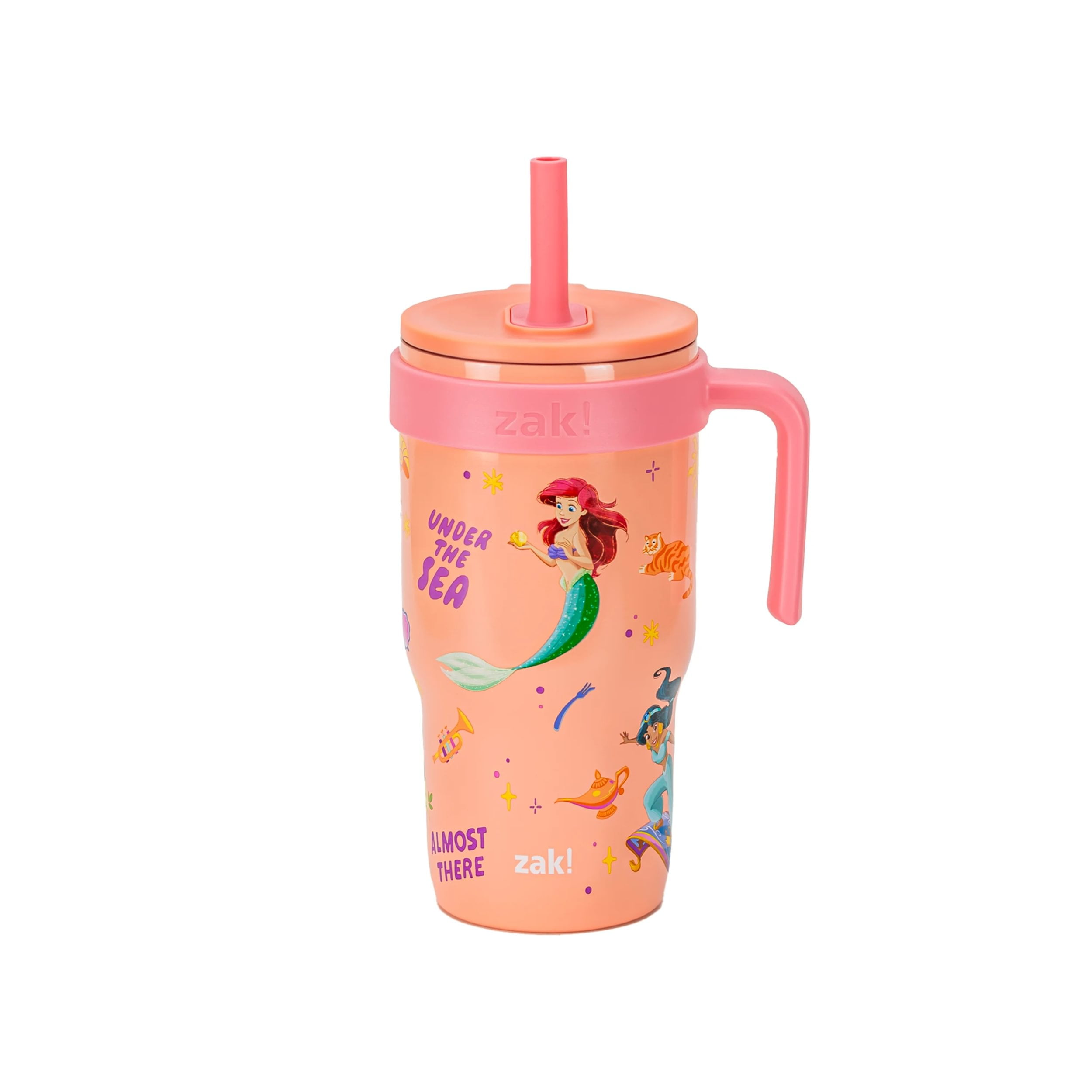(3 pack) Zak Designs 18oz Princess Kids Straw Handle Tumbler, Stainless Steel Vacuum Insulated Cruiser Tumbler with Silicone Straw Utilizing Leak-Proof Valve, Travel Straw Tumbler with Handle