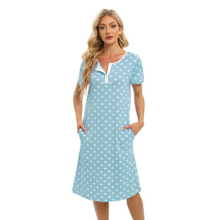 

WBQ Women s Short Sleeve Polka Dot Nightgown With Pockets Round Neck Button Down Tee Nightshirt Loose Casual Nightdress Over Knee Length House Lounge Dress S-2XL
