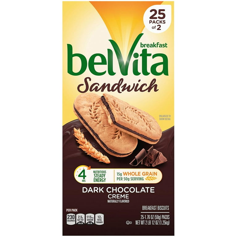 belVita Breakfast Biscuits, Dark Chocolate Creme Breakfast Sandwich, 1.76 oz Pack, 25 PK/Carton, Ships in 1-3 Business Days belVita Breakfast Biscuits, Dark Chocolate Creme Breakfast Sandwich, 1.76 oz Pack, 25 PK/Carton, Ships in 1-3 Business Days