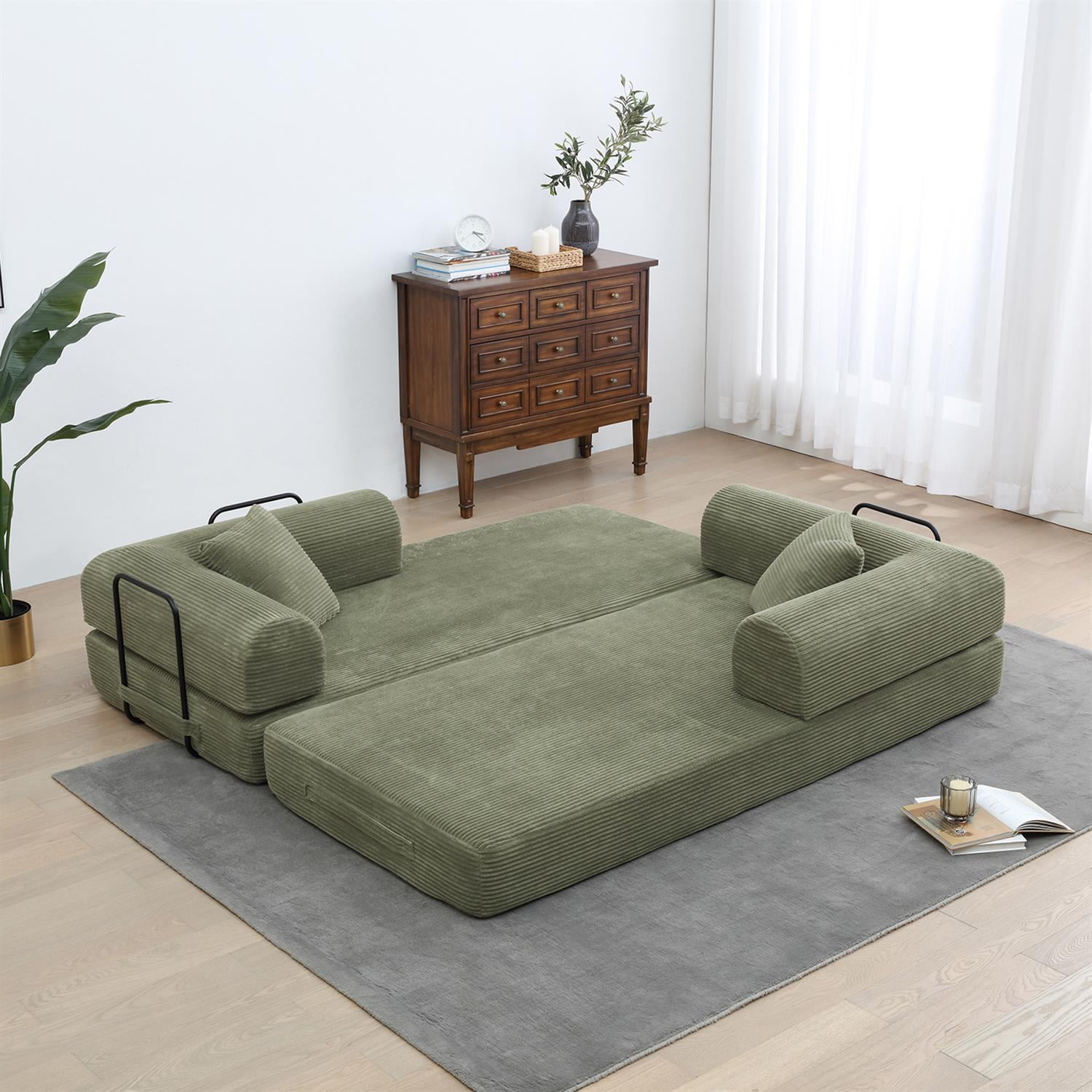 Demi Bonn 77" Convertible Sleeper Sofa Bed, Corduroy Foldable Mattress Couch with Cylindrical Pillow & Fixed Frame for Living Room, Bedroom, Light Green