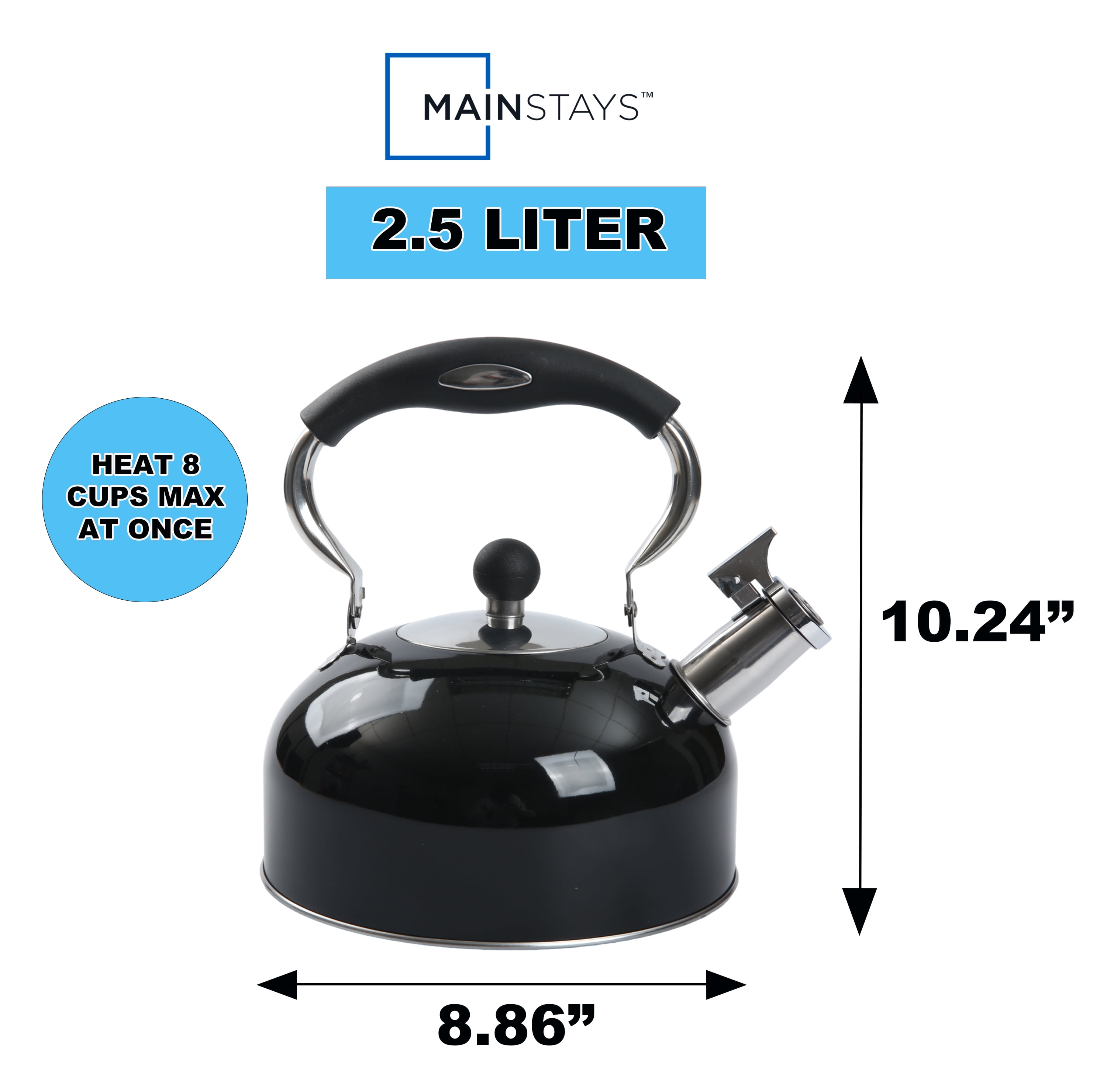Mainstays 2.5-Liter Whistling Tea Kettle, Stainless Steel Black