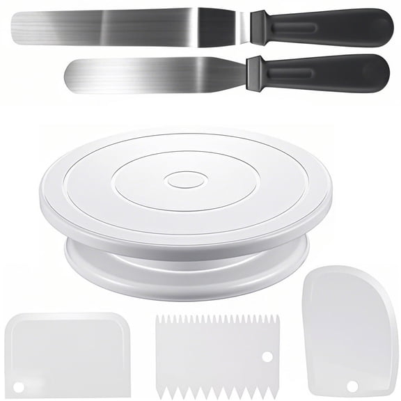 Cake Decorating Kit Baking Supplies Cake Turntable with 2 Frosting Straight Angled Spatula 3 Icing Smoother Scrapers Baking Accessories Tools for Beginners and Pros, White