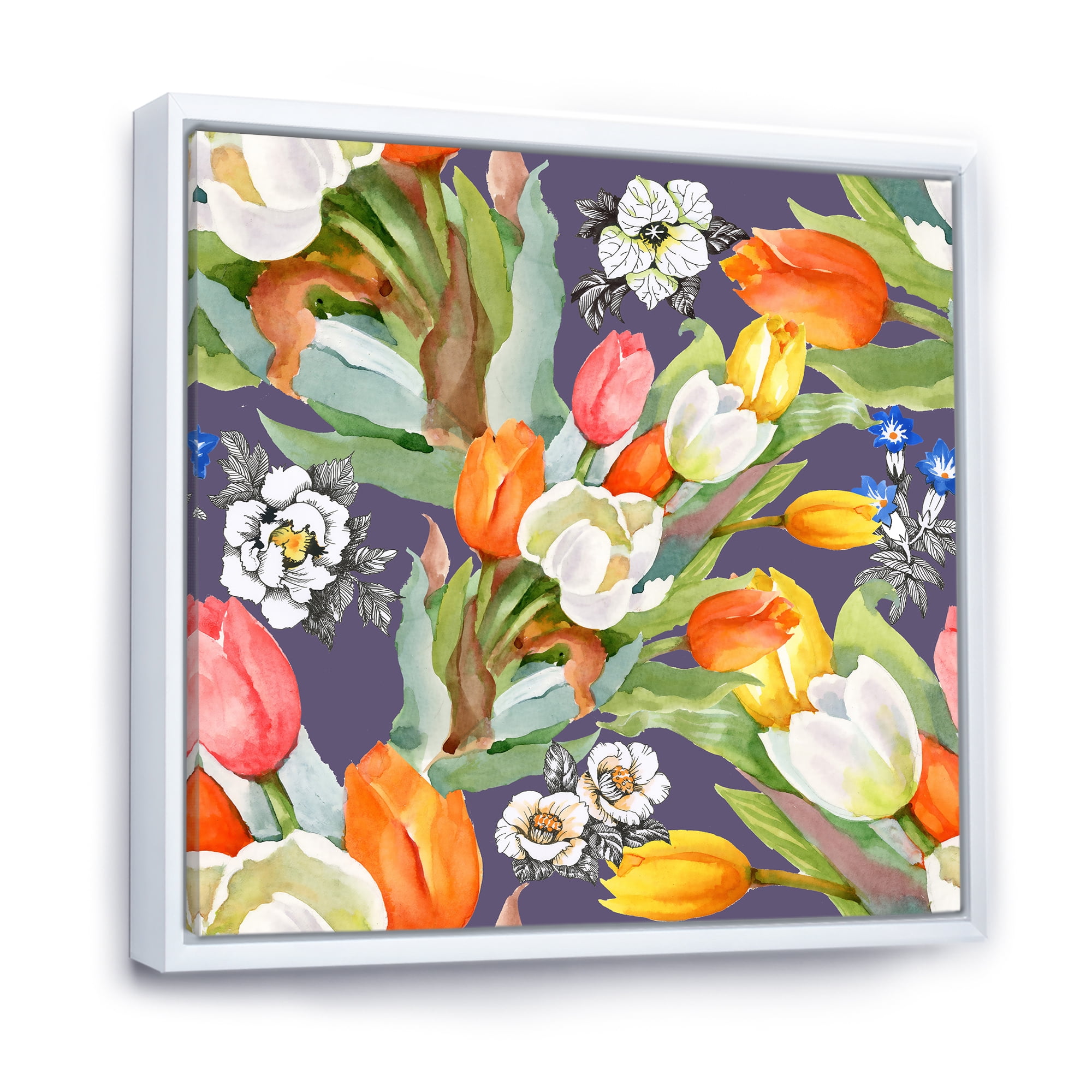 Designart 'Blooming Orange and White Tulips III' Traditional Framed Canvas Wall Art Print