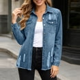 thumbnail image 7 of Women's Loose Fit Long Sleeve Button Lapel Pocket Cowboy Tops Solid Color Blouse Comfy Casual Daily Wear Weekend Outfits | CSEONE,Blue XL, 7 of 7