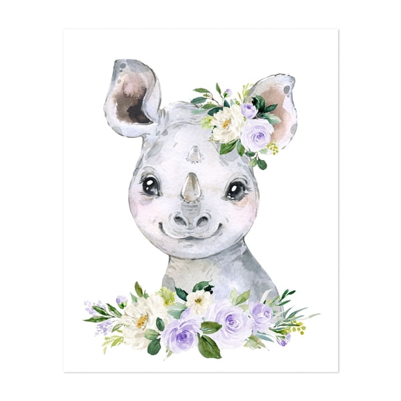 Rhino, Jungle Animals, Safari Animals, Purple Flowers, Gender Neutral Nursery - Illustration Watercolor Animal Floral Whimsical Portrait Botanical Unframed Wall Art Print 6 x 8 inches