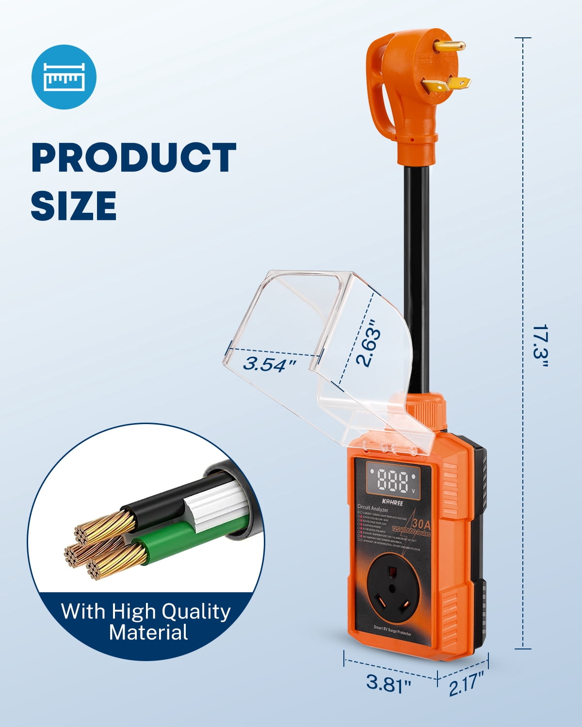 Kohree RV Surge Protector 50 Amp 12000 Joules with High/Low Voltage Protection,with LED Display Waterproof ,Auto Shut Off for Camper,Travel Trailers-Orange