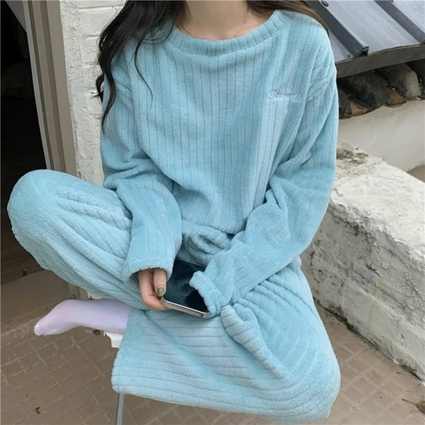 Cute Women Winter Warm Flannel Coral Velvet Pajamas Set Nightgown Soft  Nightwear