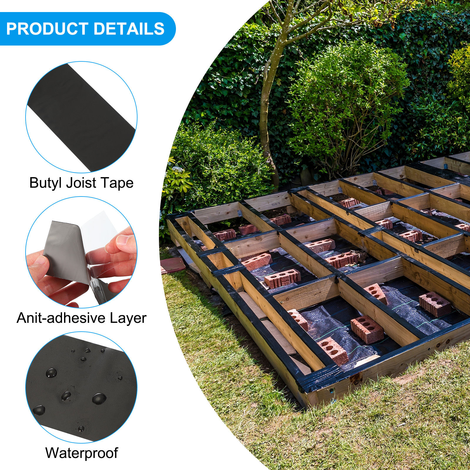 Uxcell Rubber Waterproof Butyl Joist Tape for Decking Self-Adhesive Flashing Tape 16 Rolls Black 2"x 15m