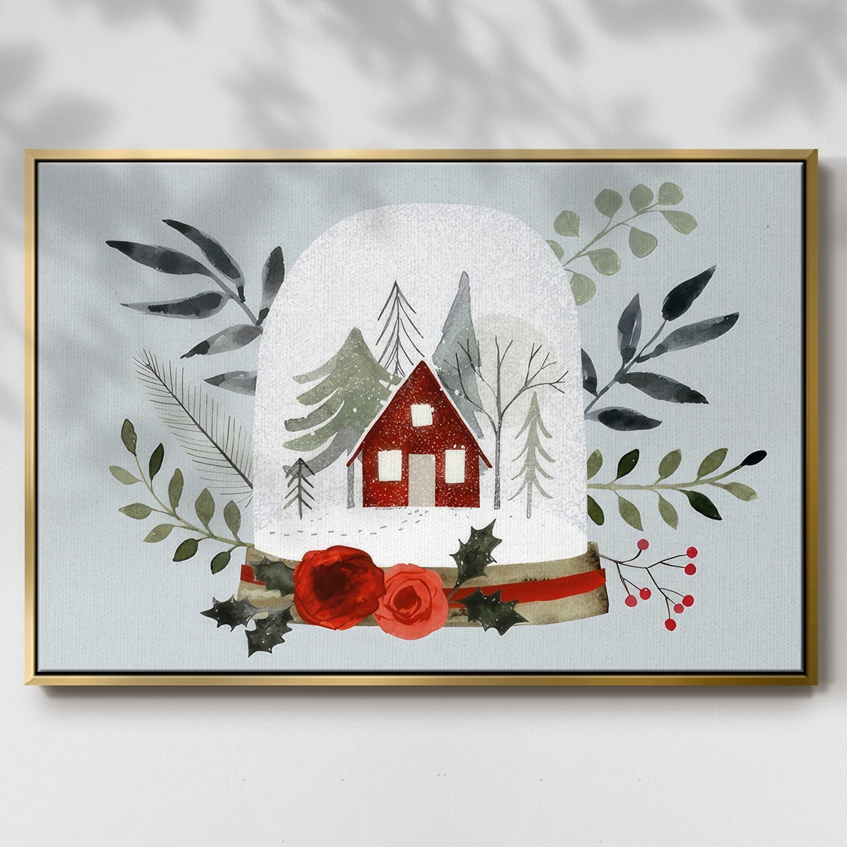 Snow Globe Village Collection A - Framed Gallery Wrapped Holiday Canvas - 17 x 25 - Gold Frame