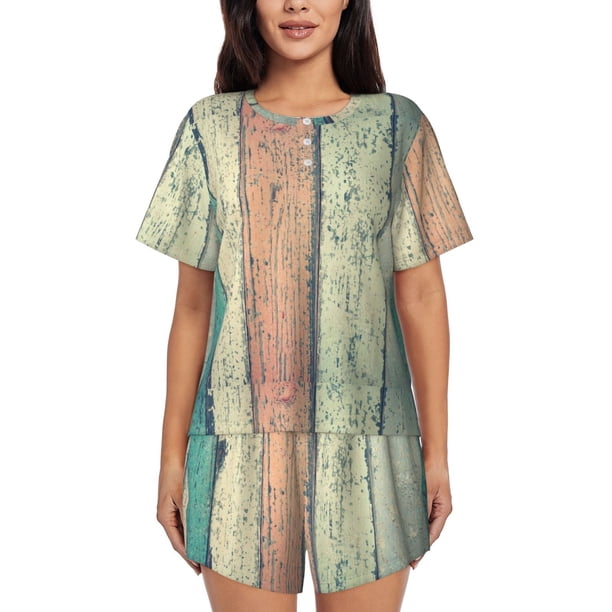 Balery Hardwood Conjunto de Pijama para Mujer con Estampado, Dos Piezas de Manga Corta y Shorts, Ropa de Dormir Suave con Cuello Redondo y Bolsillos-Large