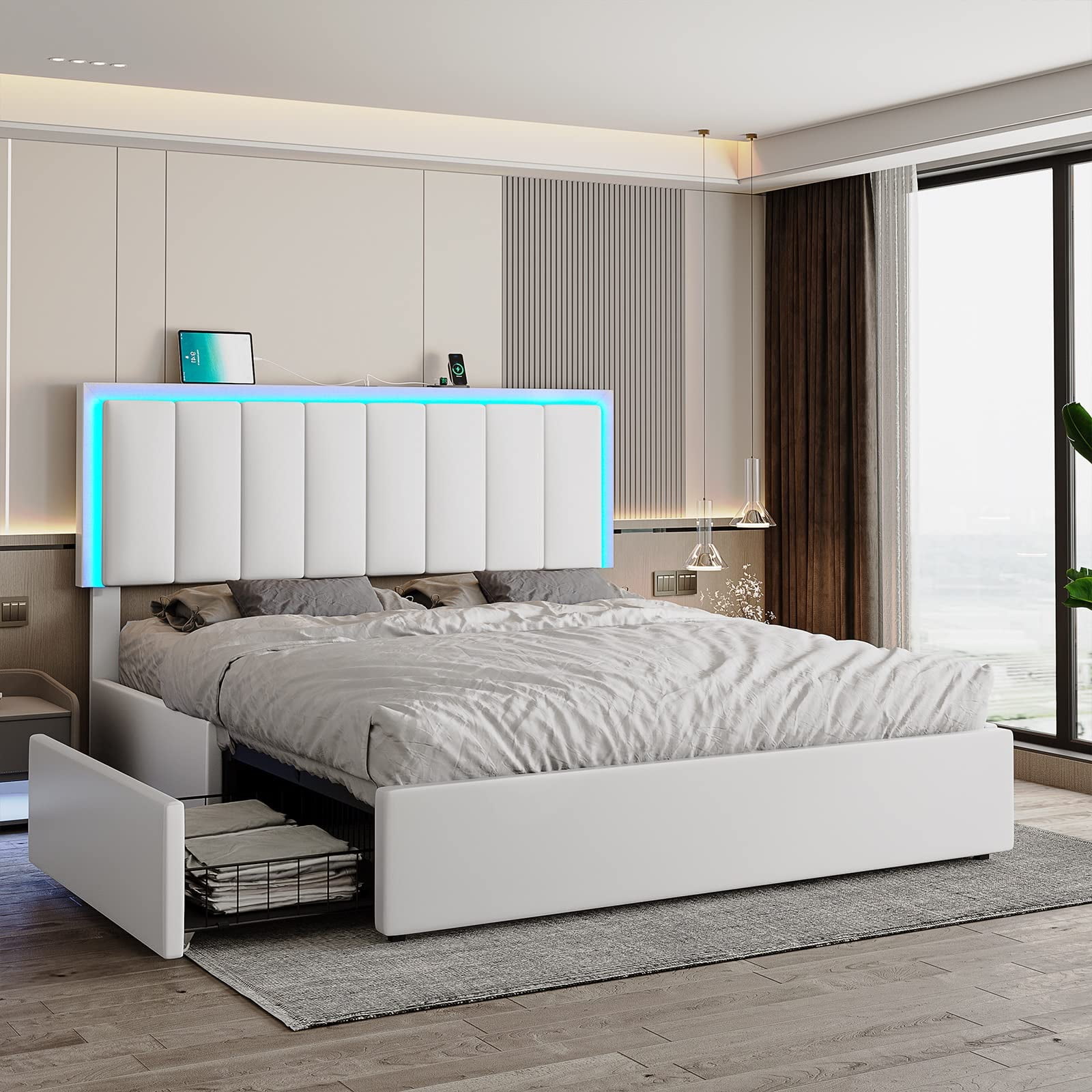 Full LED Storage Bed Frame with 4 Drawers and USB Charge Station, Faux