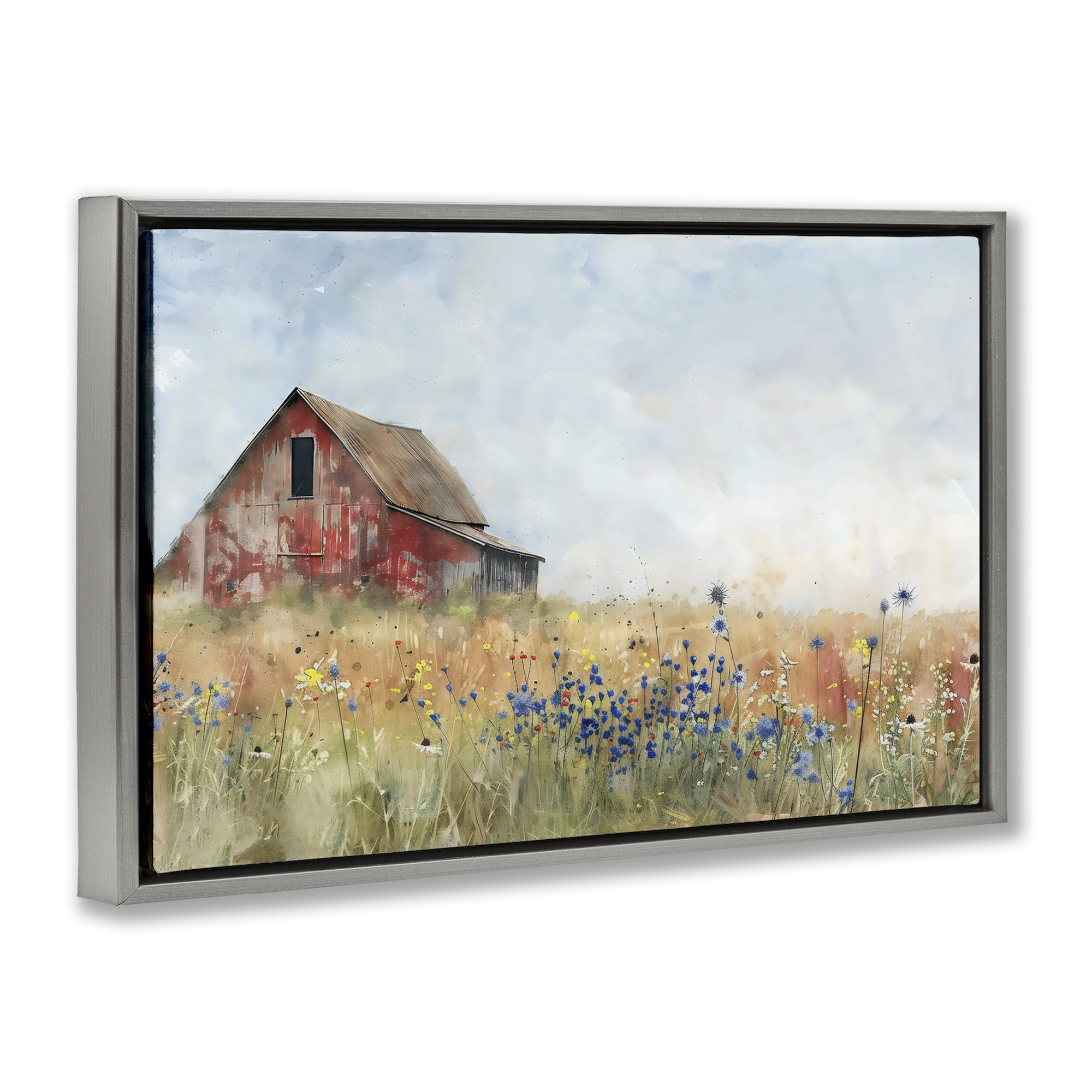 Stupell Industries Rustic Barn in Colorful Meadow Gray Framed Floater Canvas Wall Art, design by Creative Studio