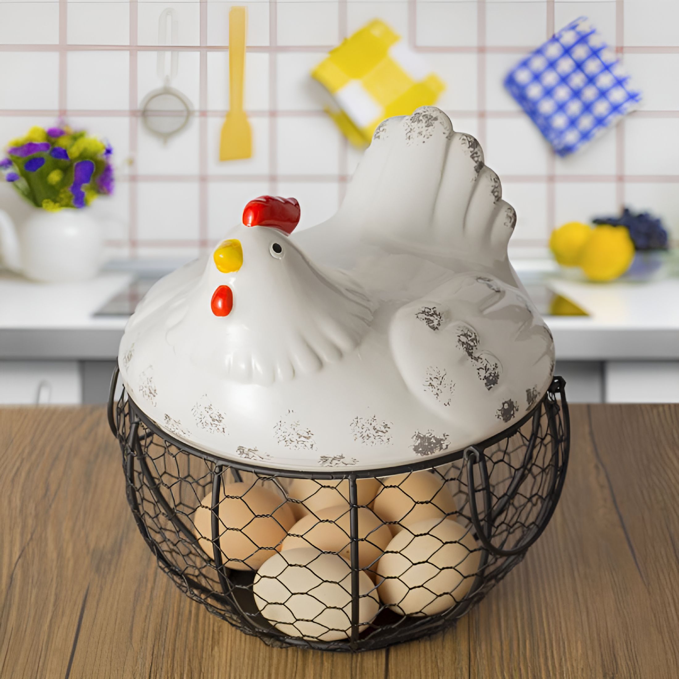 ACDANC 2026 New Organization and Storage Eggs Holder Basket Organizer Storage Ceramic Fruit Container Kitchen Hen Decor Storage Basket