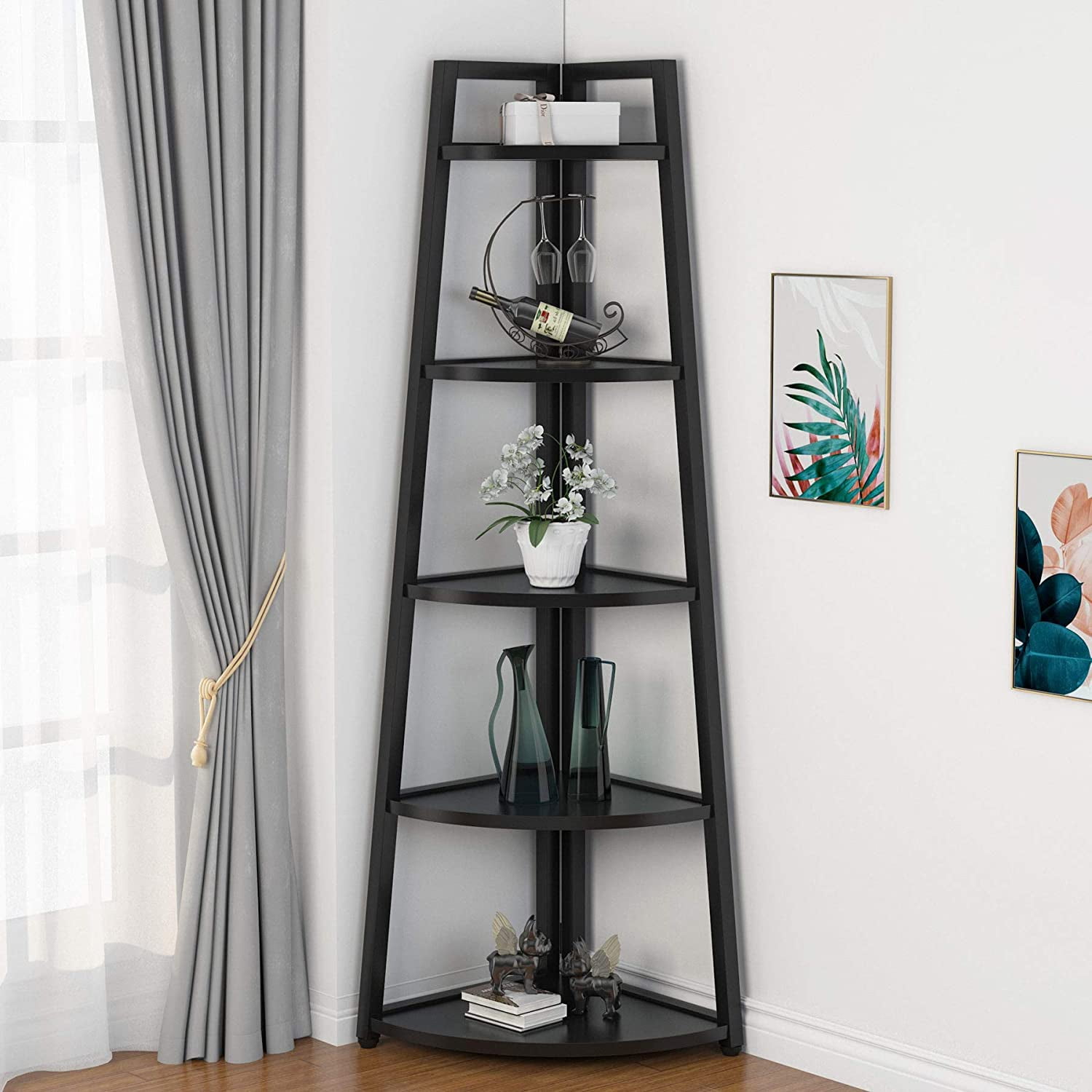 75 inch Tall Corner Bookcase, Industrial Corner Ladder Shelf, Modern Corner Bookshelf for