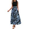MOJOGO Women's A Line Dresses Casual Crewneck Sleeveless Dress Floral Printed Tiered Maxi Dress for Beachwear Vacation Blue XL