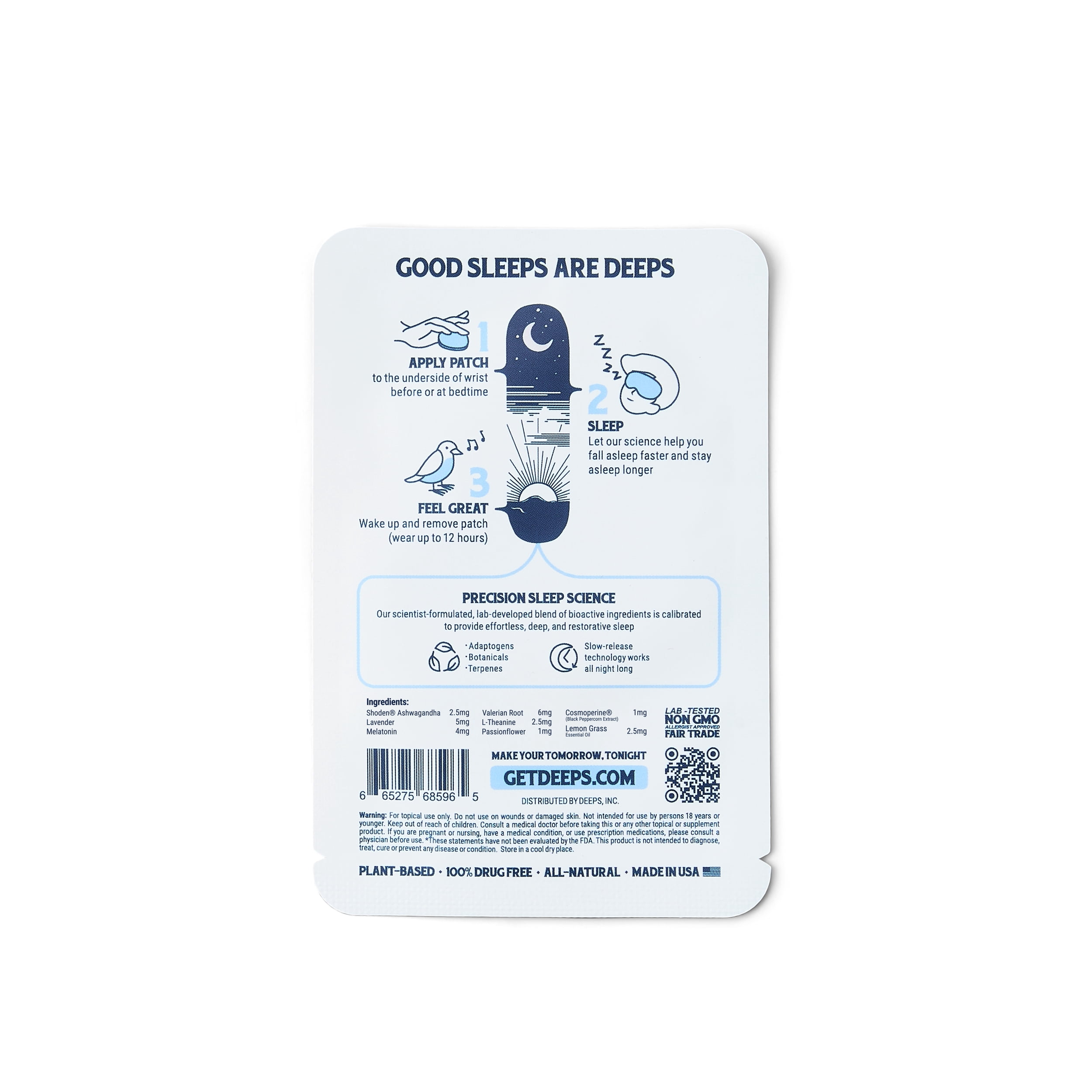 DEEPS Fall Asleep Patch – Natural, Drug-Free Sleep Patches with Extra Calming Ingredients like Lemon Grass, 5 Count