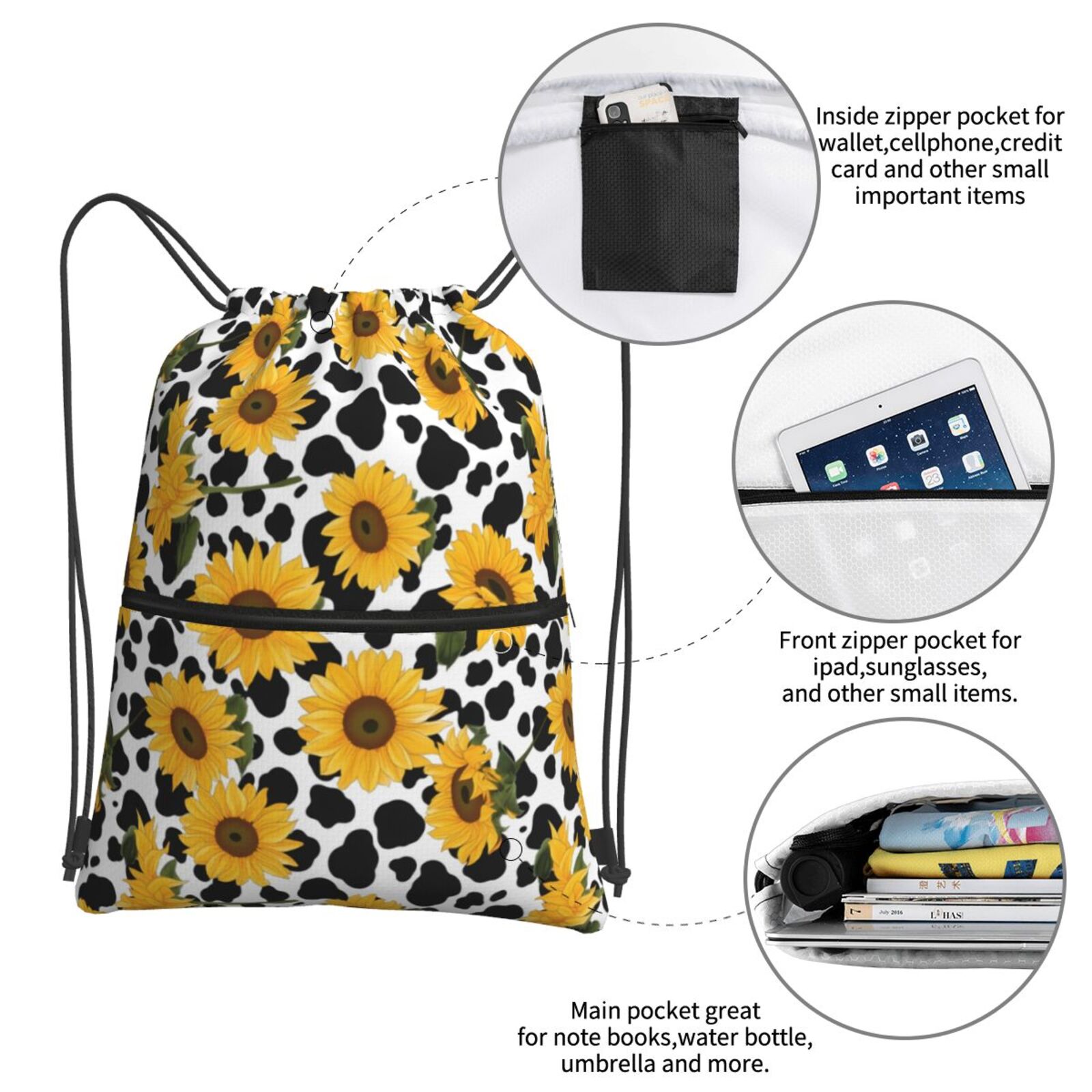 Vsdgher Cow Print Sunflower Drawstring Backpack Water Resistant String Bag Sports Sackpack Gym Sack for Men Women