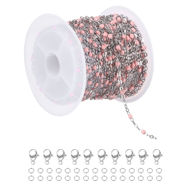 Cadena de cuentas de acero inoxidable Uxcell, 16.4 pies/5M cable de joyería con cuentas de esmalte (plata/rosa, paquete de 1)