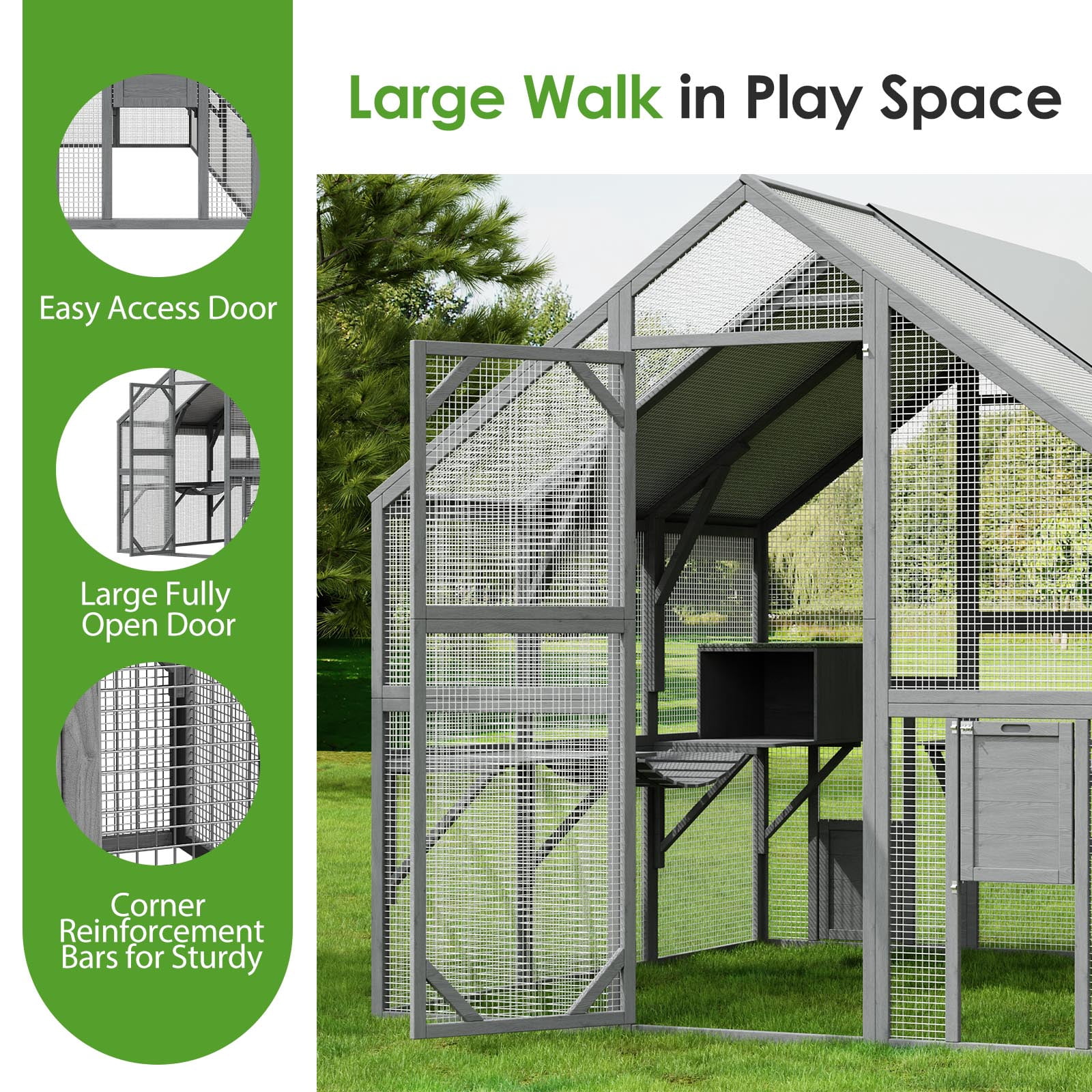 NARTRU 43ft2 Large Wooden Outdoor Cat House, Walk in Cat Catio Cage with Enter Door, 2 Cat Doors, Roof Cover