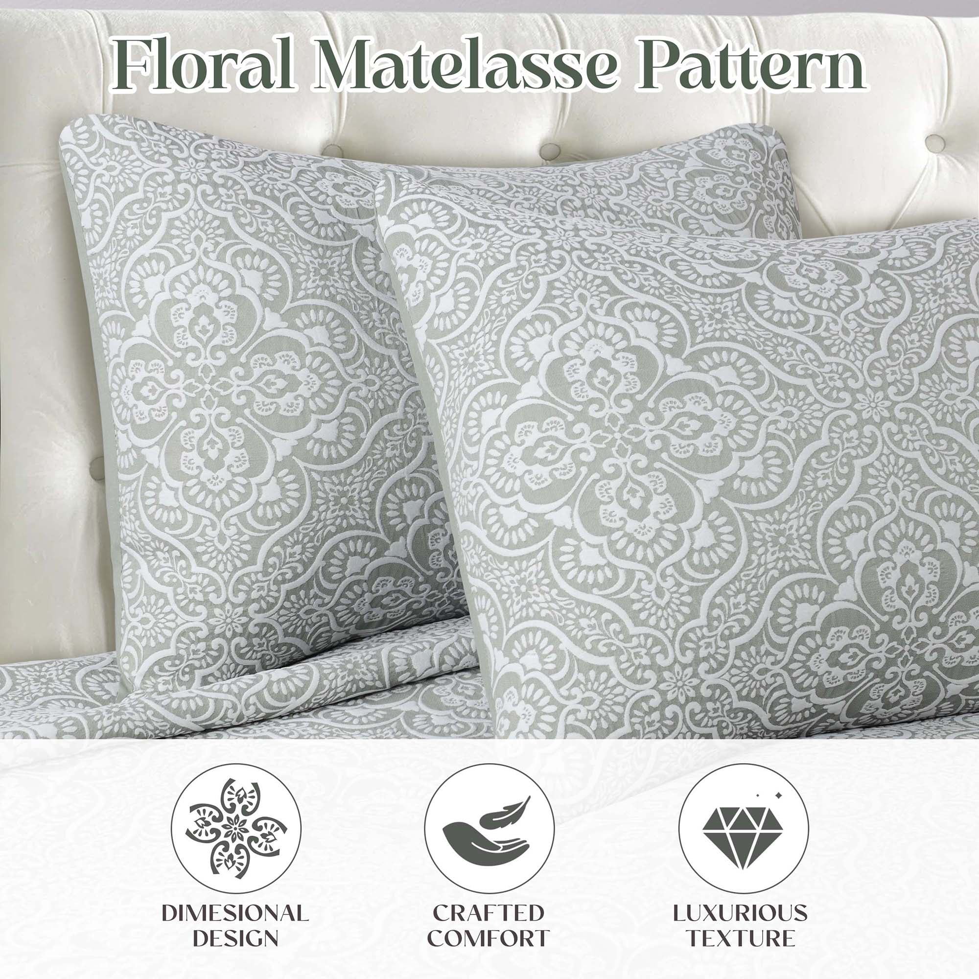 Superior Enzy Floral Matelasse Bedspread and Sham Set, 3-Piece Soft Textured Jacquard Bedspreads, Full, Sage