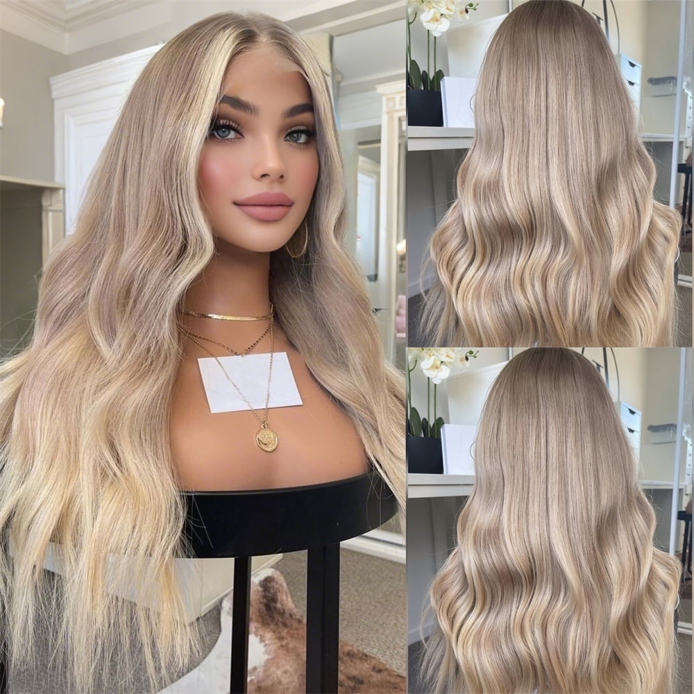 Elegant Ash Blonde Ombre Hightlight Body Wave Remy Human Hair Wig 13x4 Balayage HD Transparent Lace Front Wigs Human Hair Pre Bleached Pre Plucked Lace Frontal Human Hair Wig With Natural Hairline