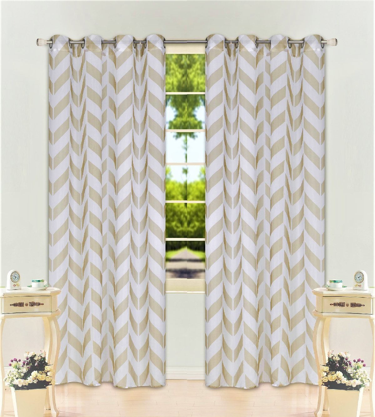 1PC GROMMET VOILE SHEER WINDOW PANEL CURTAIN GEOMETRIC PRINTED IVORY/TAUPE S38 