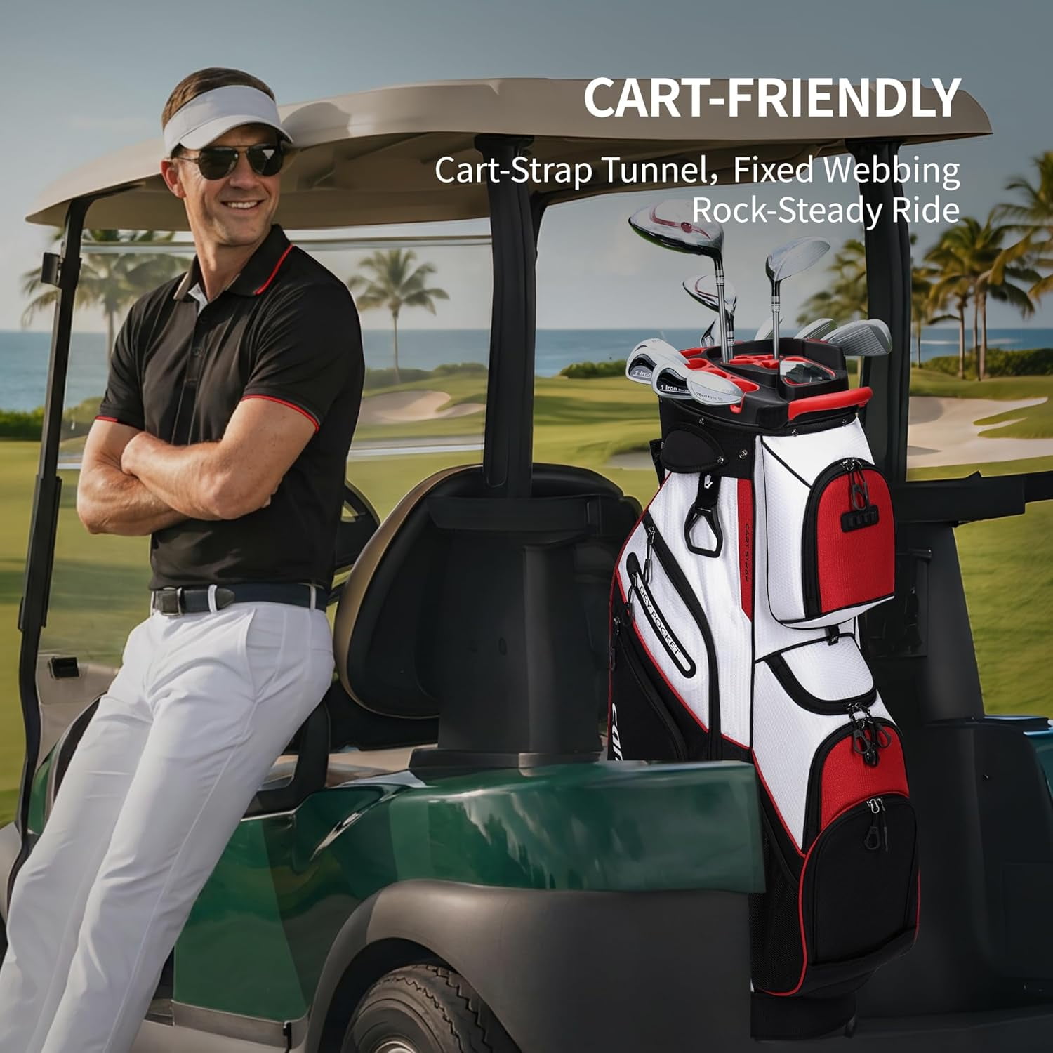 Silent Golf Cart Bag, Molded Lock Top Golf Bag with 14-Way Full-Length Dividers Large Capacity Cooler Pocket Padded Strap Golf Club Bag with Rain Hood for Trolley Players,red
