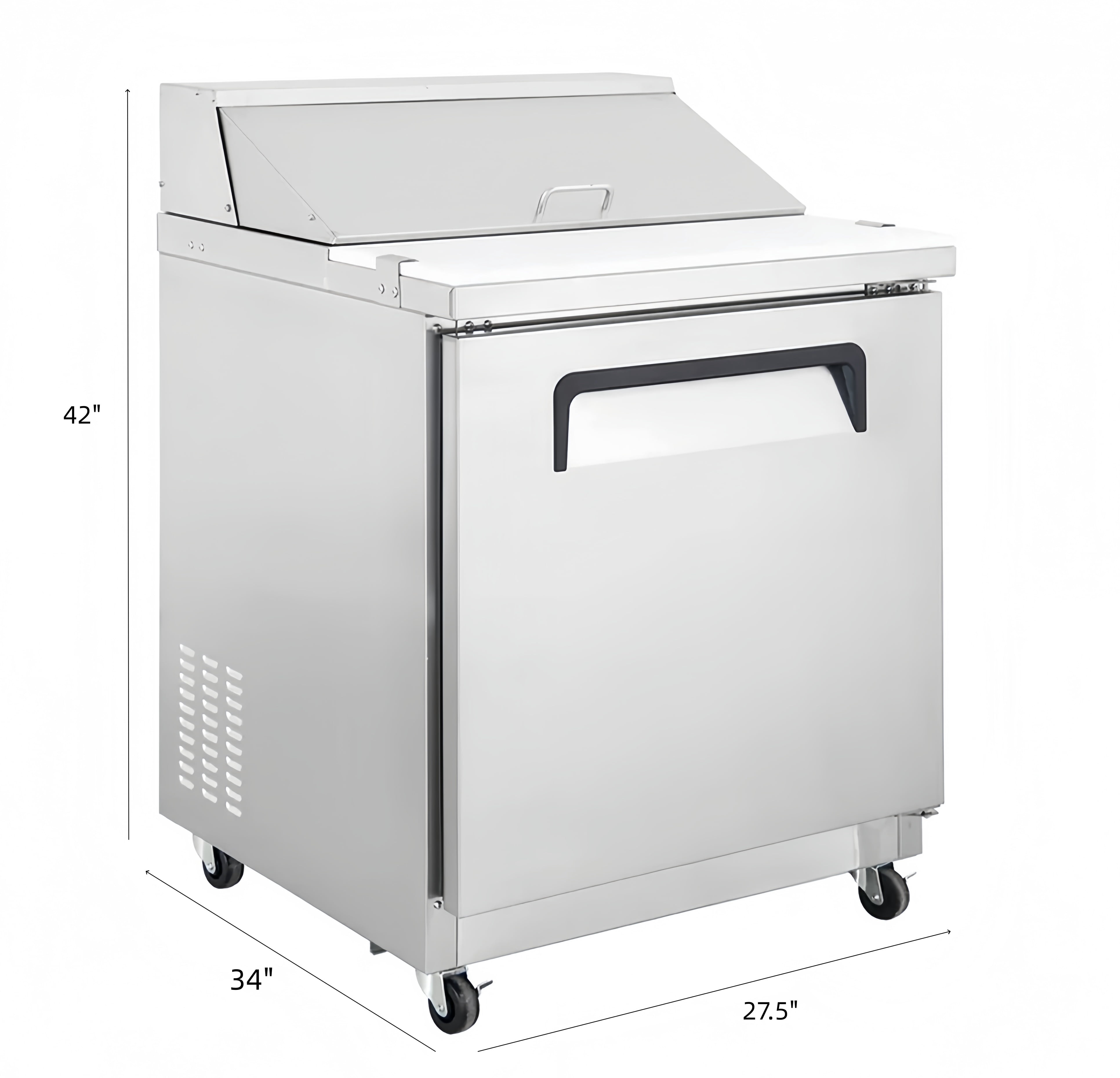 27.5 in. Commercial Mega Top Sandwich Prep Table Refrigerator, Stainless Steel Salad & Pizza Prep Station with 12 Pan Slots, Undercounter Fridge with Digital Temperature Control and Wheels