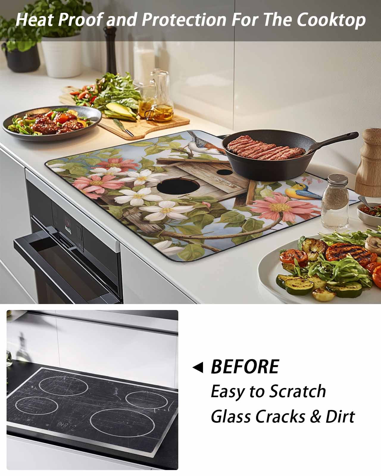 Stove Top Covers for Electric Stove, Birdhouse Vintage Glass Stovetop Cover Protector, Spring Floral Birds Botanical Induction Cooktop Protector Oven Mat for Kitchen Countertop 24"x21"